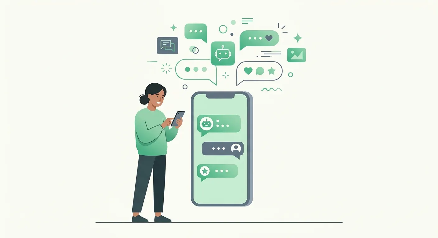 A person holding a smartphone with a chat interface