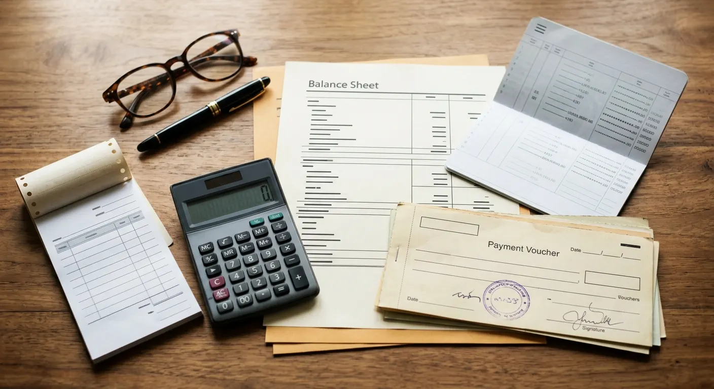 A printed balance sheet, payment voucher with a rubber stamp, calculator and passbook laid out on a desk