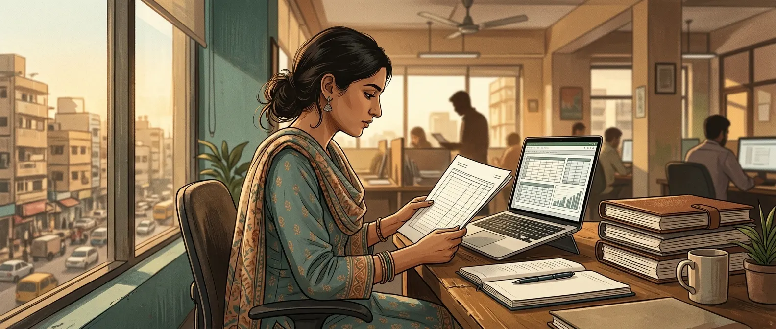 An accountant in Karachi reviewing a printed balance sheet beside a laptop showing a spreadsheet
