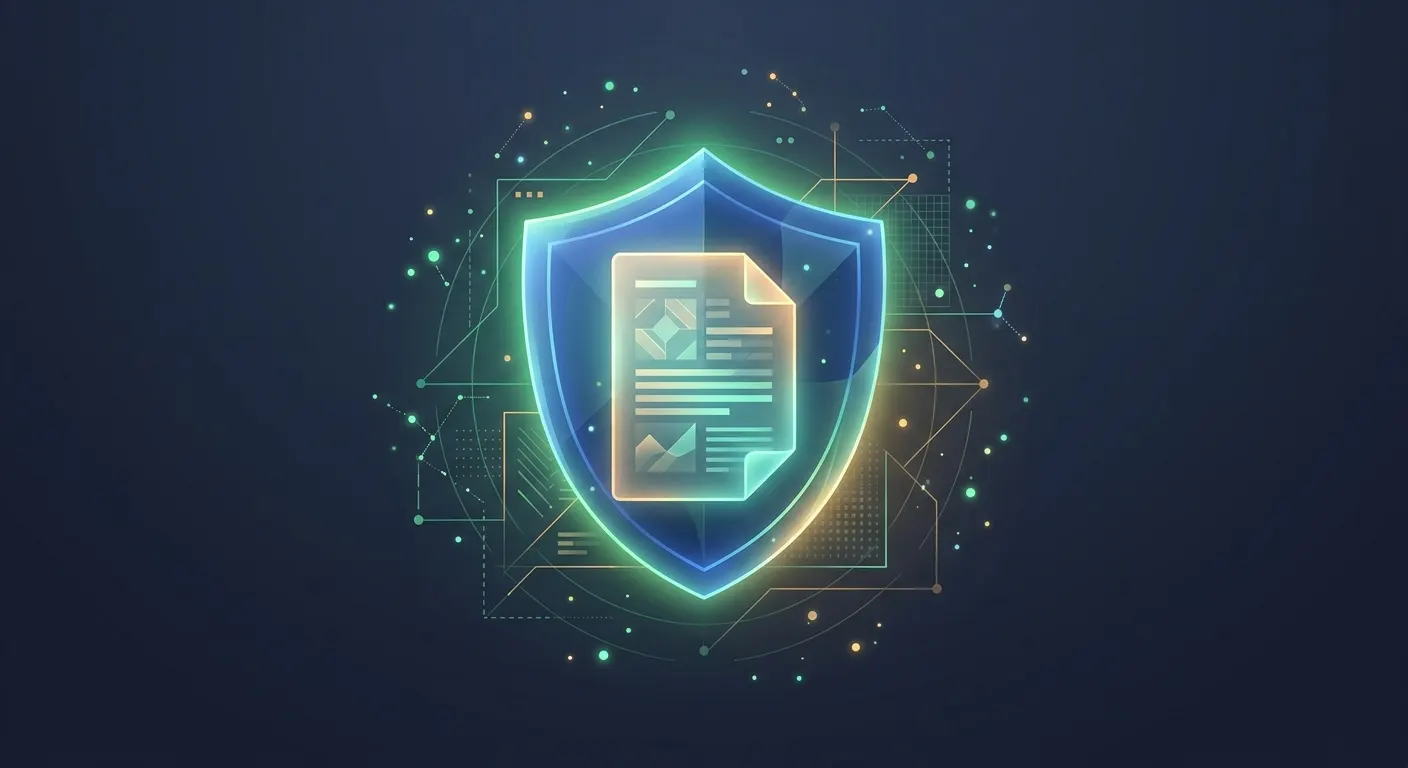 Abstract glowing shield protecting a document